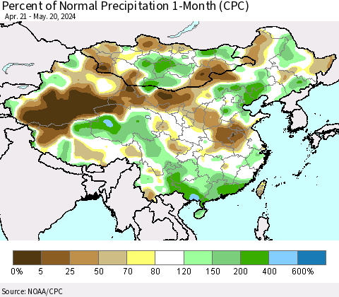 China, Mongolia and Taiwan Percent of Normal Precipitation 1-Month (CPC) Thematic Map For 4/21/2024 - 5/20/2024