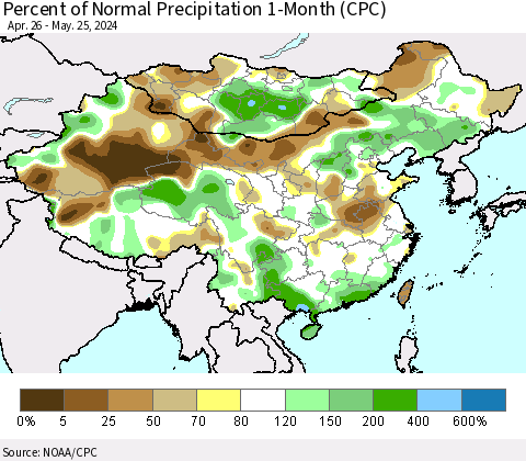 China, Mongolia and Taiwan Percent of Normal Precipitation 1-Month (CPC) Thematic Map For 4/26/2024 - 5/25/2024