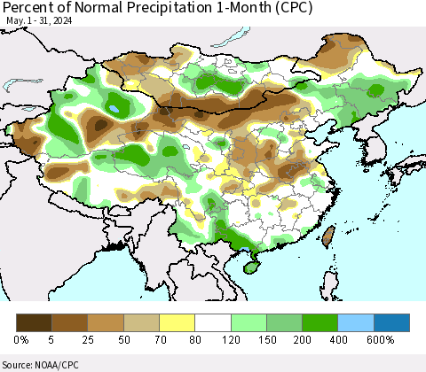 China, Mongolia and Taiwan Percent of Normal Precipitation 1-Month (CPC) Thematic Map For 5/1/2024 - 5/31/2024