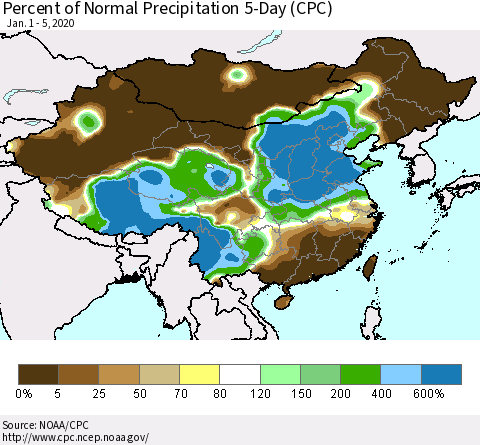 China, Mongolia and Taiwan Percent of Normal Precipitation 5-Day (CPC) Thematic Map For 1/1/2020 - 1/5/2020