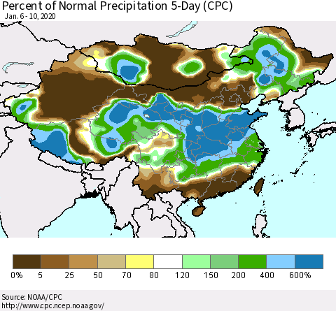 China, Mongolia and Taiwan Percent of Normal Precipitation 5-Day (CPC) Thematic Map For 1/6/2020 - 1/10/2020