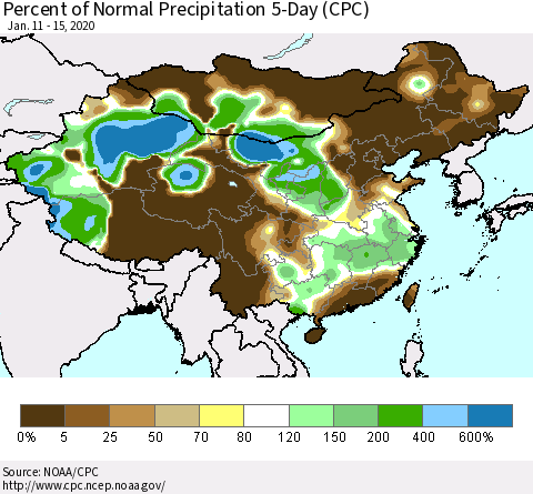 China, Mongolia and Taiwan Percent of Normal Precipitation 5-Day (CPC) Thematic Map For 1/11/2020 - 1/15/2020