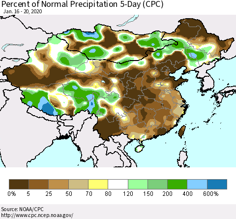 China, Mongolia and Taiwan Percent of Normal Precipitation 5-Day (CPC) Thematic Map For 1/16/2020 - 1/20/2020