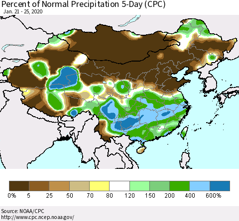 China, Mongolia and Taiwan Percent of Normal Precipitation 5-Day (CPC) Thematic Map For 1/21/2020 - 1/25/2020