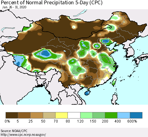 China, Mongolia and Taiwan Percent of Normal Precipitation 5-Day (CPC) Thematic Map For 1/26/2020 - 1/31/2020