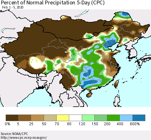 China, Mongolia and Taiwan Percent of Normal Precipitation 5-Day (CPC) Thematic Map For 2/1/2020 - 2/5/2020