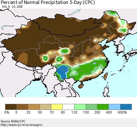 China, Mongolia and Taiwan Percent of Normal Precipitation 5-Day (CPC) Thematic Map For 2/6/2020 - 2/10/2020