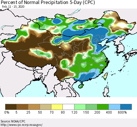China, Mongolia and Taiwan Percent of Normal Precipitation 5-Day (CPC) Thematic Map For 2/11/2020 - 2/15/2020