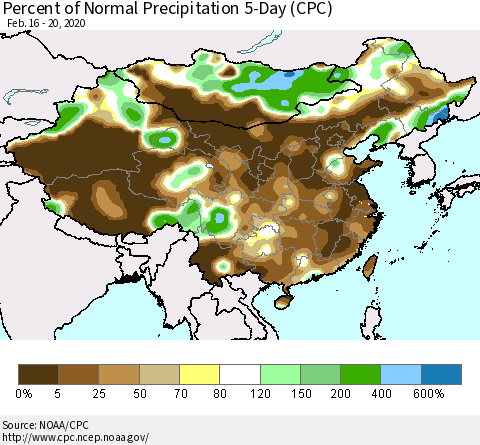 China, Mongolia and Taiwan Percent of Normal Precipitation 5-Day (CPC) Thematic Map For 2/16/2020 - 2/20/2020