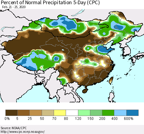 China, Mongolia and Taiwan Percent of Normal Precipitation 5-Day (CPC) Thematic Map For 2/21/2020 - 2/25/2020