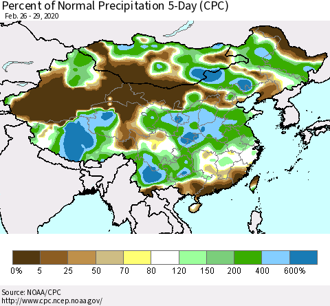 China, Mongolia and Taiwan Percent of Normal Precipitation 5-Day (CPC) Thematic Map For 2/26/2020 - 2/29/2020