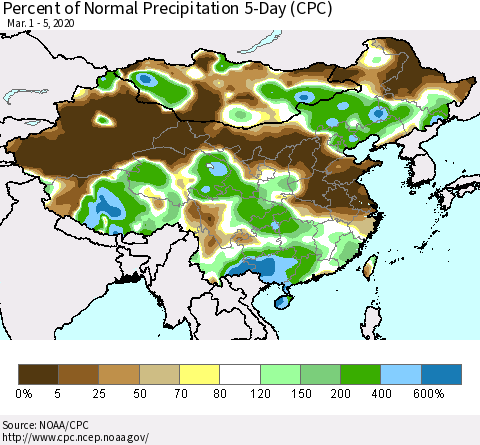 China, Mongolia and Taiwan Percent of Normal Precipitation 5-Day (CPC) Thematic Map For 3/1/2020 - 3/5/2020