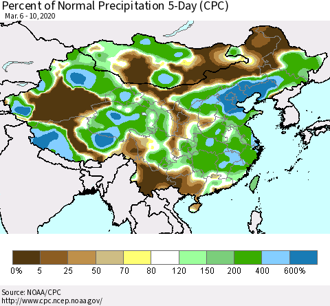 China, Mongolia and Taiwan Percent of Normal Precipitation 5-Day (CPC) Thematic Map For 3/6/2020 - 3/10/2020