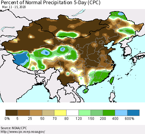 China, Mongolia and Taiwan Percent of Normal Precipitation 5-Day (CPC) Thematic Map For 3/11/2020 - 3/15/2020