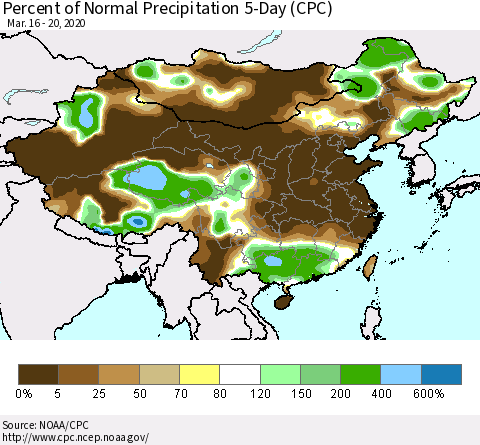China, Mongolia and Taiwan Percent of Normal Precipitation 5-Day (CPC) Thematic Map For 3/16/2020 - 3/20/2020