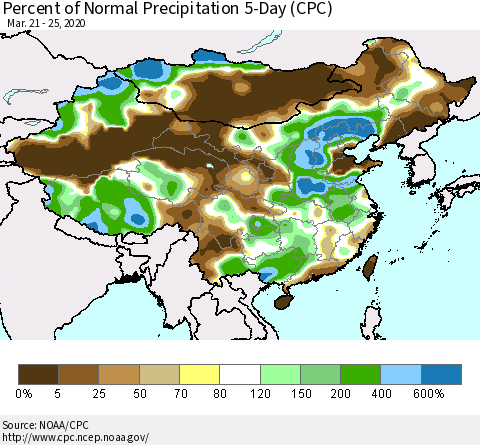 China, Mongolia and Taiwan Percent of Normal Precipitation 5-Day (CPC) Thematic Map For 3/21/2020 - 3/25/2020