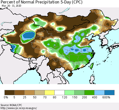 China, Mongolia and Taiwan Percent of Normal Precipitation 5-Day (CPC) Thematic Map For 3/26/2020 - 3/31/2020