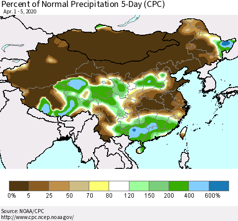 China, Mongolia and Taiwan Percent of Normal Precipitation 5-Day (CPC) Thematic Map For 4/1/2020 - 4/5/2020