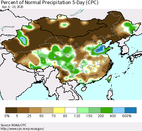 China, Mongolia and Taiwan Percent of Normal Precipitation 5-Day (CPC) Thematic Map For 4/6/2020 - 4/10/2020
