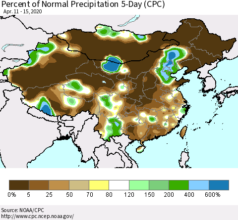 China, Mongolia and Taiwan Percent of Normal Precipitation 5-Day (CPC) Thematic Map For 4/11/2020 - 4/15/2020