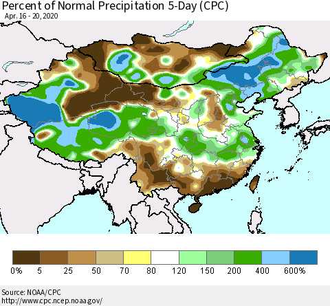 China, Mongolia and Taiwan Percent of Normal Precipitation 5-Day (CPC) Thematic Map For 4/16/2020 - 4/20/2020
