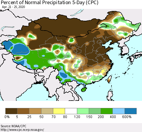 China, Mongolia and Taiwan Percent of Normal Precipitation 5-Day (CPC) Thematic Map For 4/21/2020 - 4/25/2020