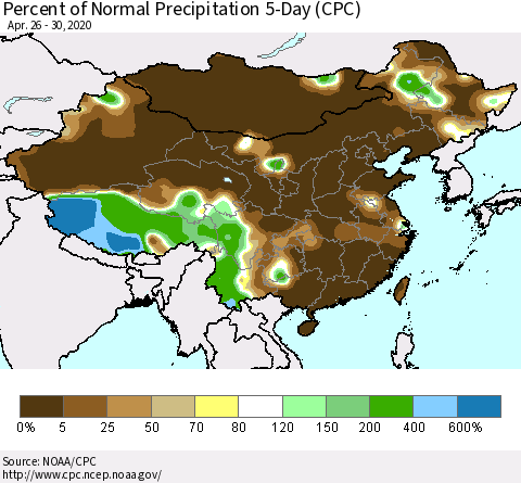 China, Mongolia and Taiwan Percent of Normal Precipitation 5-Day (CPC) Thematic Map For 4/26/2020 - 4/30/2020