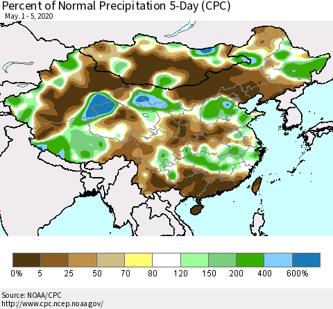 China, Mongolia and Taiwan Percent of Normal Precipitation 5-Day (CPC) Thematic Map For 5/1/2020 - 5/5/2020