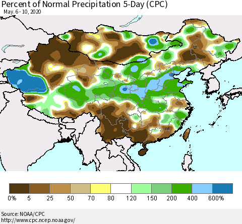 China, Mongolia and Taiwan Percent of Normal Precipitation 5-Day (CPC) Thematic Map For 5/6/2020 - 5/10/2020