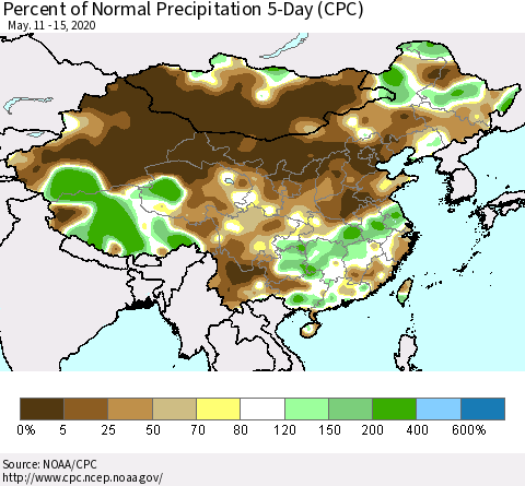 China, Mongolia and Taiwan Percent of Normal Precipitation 5-Day (CPC) Thematic Map For 5/11/2020 - 5/15/2020