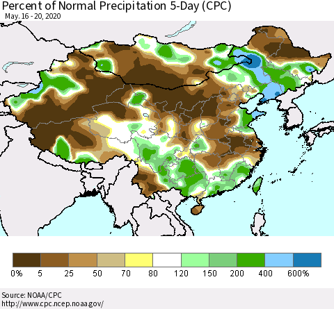 China, Mongolia and Taiwan Percent of Normal Precipitation 5-Day (CPC) Thematic Map For 5/16/2020 - 5/20/2020