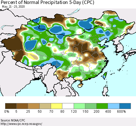 China, Mongolia and Taiwan Percent of Normal Precipitation 5-Day (CPC) Thematic Map For 5/21/2020 - 5/25/2020
