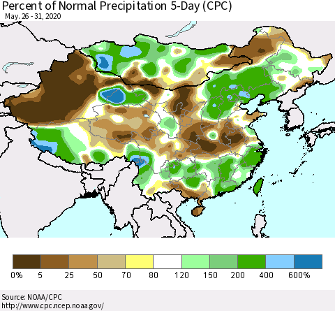 China, Mongolia and Taiwan Percent of Normal Precipitation 5-Day (CPC) Thematic Map For 5/26/2020 - 5/31/2020