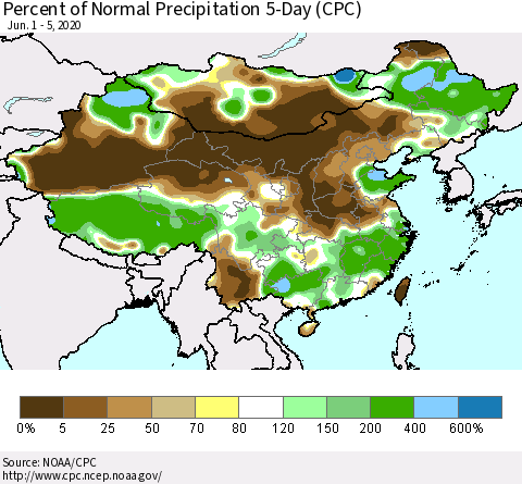 China, Mongolia and Taiwan Percent of Normal Precipitation 5-Day (CPC) Thematic Map For 6/1/2020 - 6/5/2020