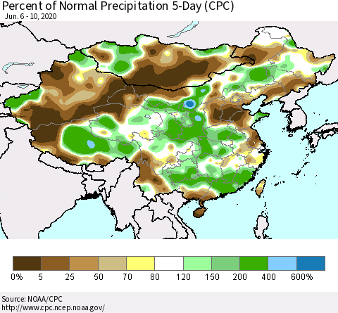 China, Mongolia and Taiwan Percent of Normal Precipitation 5-Day (CPC) Thematic Map For 6/6/2020 - 6/10/2020