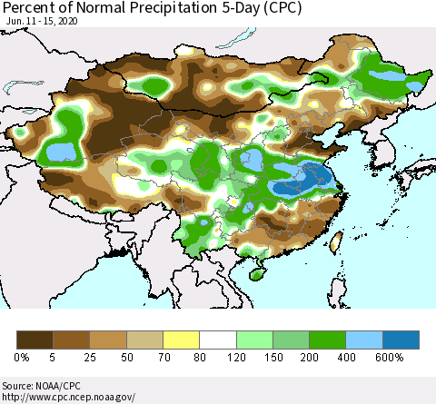 China, Mongolia and Taiwan Percent of Normal Precipitation 5-Day (CPC) Thematic Map For 6/11/2020 - 6/15/2020