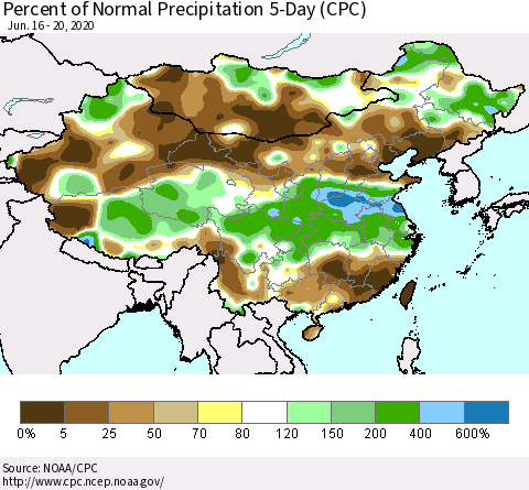China, Mongolia and Taiwan Percent of Normal Precipitation 5-Day (CPC) Thematic Map For 6/16/2020 - 6/20/2020