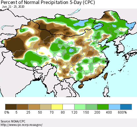 China, Mongolia and Taiwan Percent of Normal Precipitation 5-Day (CPC) Thematic Map For 6/21/2020 - 6/25/2020