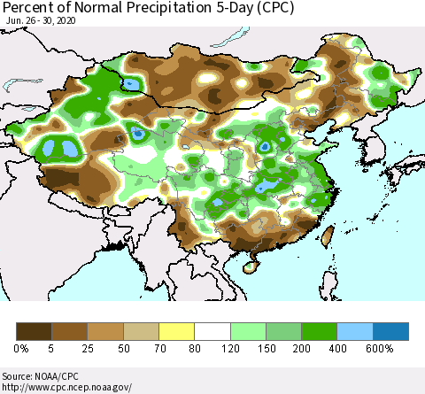 China, Mongolia and Taiwan Percent of Normal Precipitation 5-Day (CPC) Thematic Map For 6/26/2020 - 6/30/2020