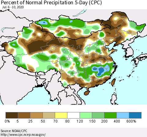 China, Mongolia and Taiwan Percent of Normal Precipitation 5-Day (CPC) Thematic Map For 7/6/2020 - 7/10/2020