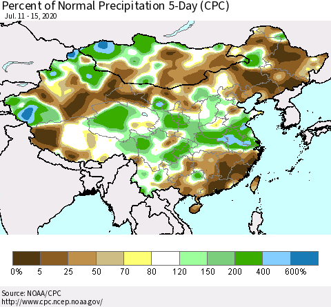 China, Mongolia and Taiwan Percent of Normal Precipitation 5-Day (CPC) Thematic Map For 7/11/2020 - 7/15/2020