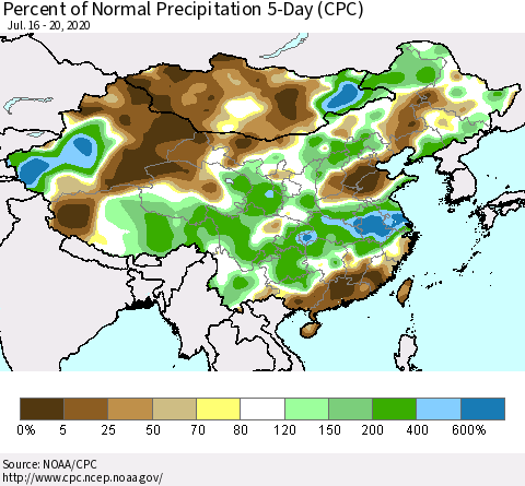 China, Mongolia and Taiwan Percent of Normal Precipitation 5-Day (CPC) Thematic Map For 7/16/2020 - 7/20/2020