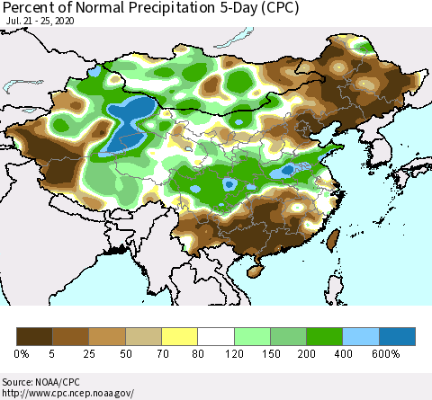 China, Mongolia and Taiwan Percent of Normal Precipitation 5-Day (CPC) Thematic Map For 7/21/2020 - 7/25/2020