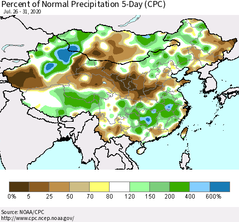 China, Mongolia and Taiwan Percent of Normal Precipitation 5-Day (CPC) Thematic Map For 7/26/2020 - 7/31/2020