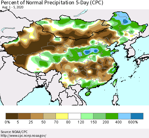 China, Mongolia and Taiwan Percent of Normal Precipitation 5-Day (CPC) Thematic Map For 8/1/2020 - 8/5/2020