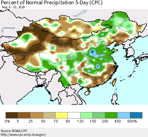 China, Mongolia and Taiwan Percent of Normal Precipitation 5-Day (CPC) Thematic Map For 8/6/2020 - 8/10/2020