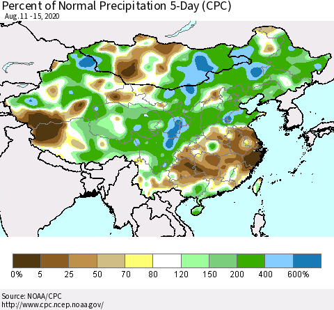 China, Mongolia and Taiwan Percent of Normal Precipitation 5-Day (CPC) Thematic Map For 8/11/2020 - 8/15/2020
