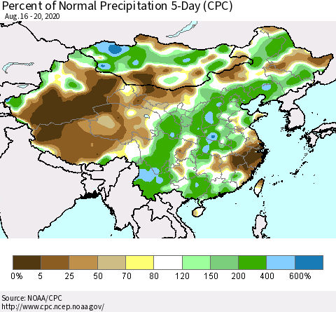 China, Mongolia and Taiwan Percent of Normal Precipitation 5-Day (CPC) Thematic Map For 8/16/2020 - 8/20/2020