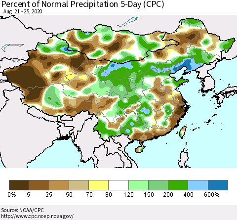 China, Mongolia and Taiwan Percent of Normal Precipitation 5-Day (CPC) Thematic Map For 8/21/2020 - 8/25/2020