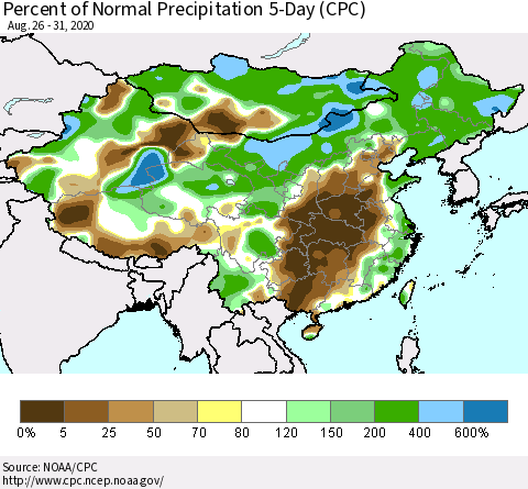 China, Mongolia and Taiwan Percent of Normal Precipitation 5-Day (CPC) Thematic Map For 8/26/2020 - 8/31/2020